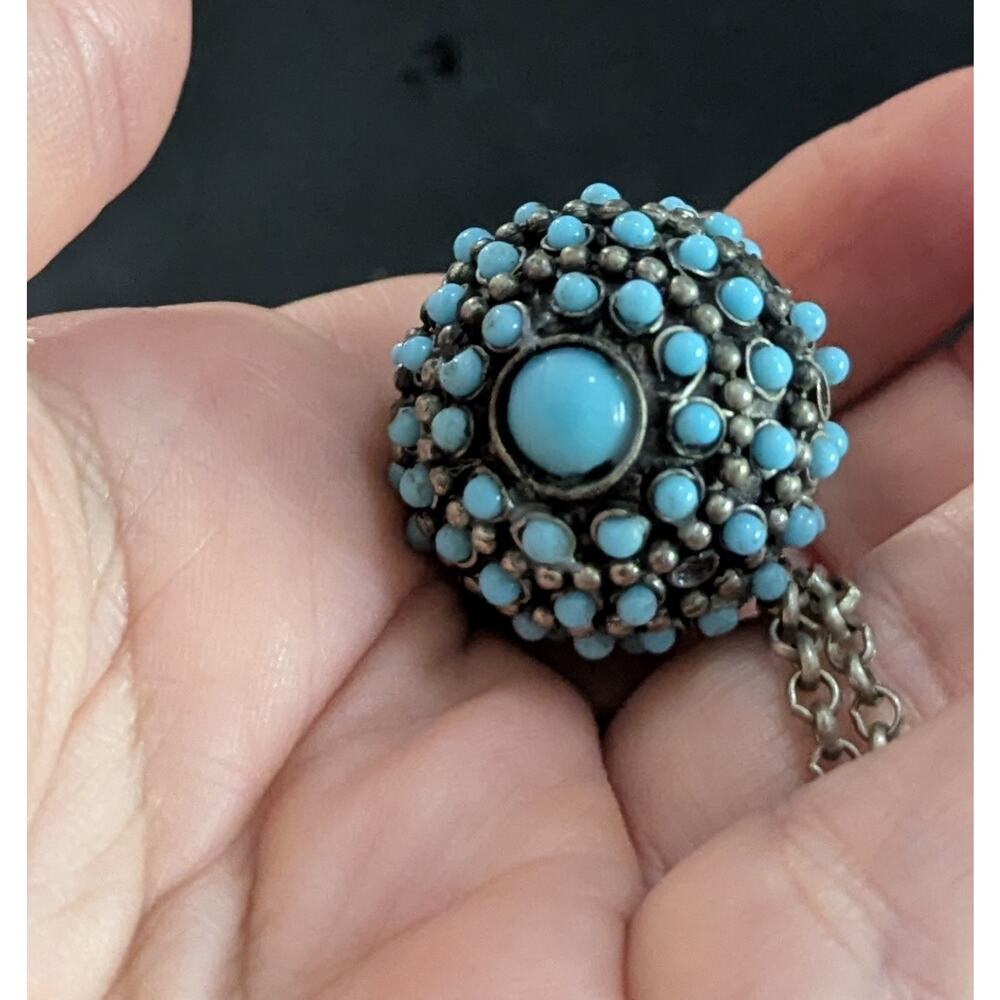 Vtg Turquoise Snuff Scent Bottle Necklace Tibetan Silver Perfume Poison Pendant - Picture 4 of 12